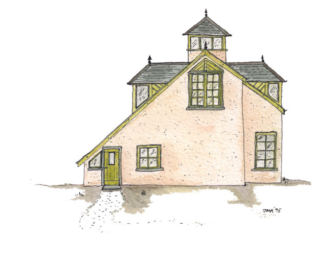 Jonathan Avery ink and water colour design for lodge house with cupola.